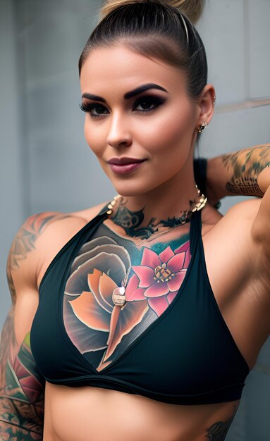 Eine frau mit einem tattoo auf der brust steht vor einer wand
